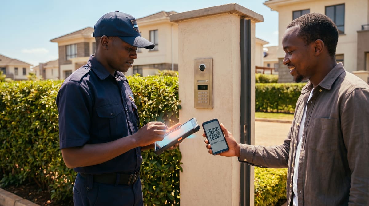 A uniformed guard scans a visitor's phone QR code at an estate gate keypad.
