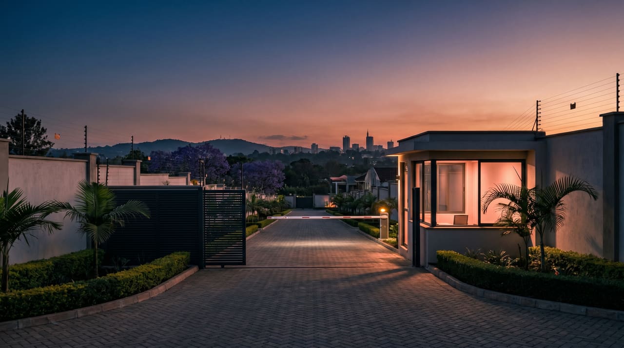 A gated Nairobi estate at dusk — lit guardhouse, a lowered boom barrier and the city skyline beyond.