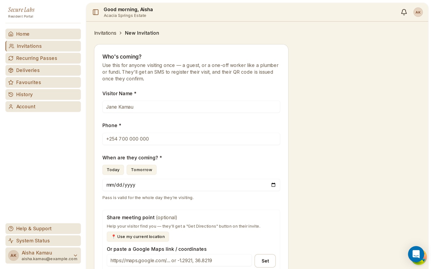 Resident app screen for creating a visitor invitation with a date and time window