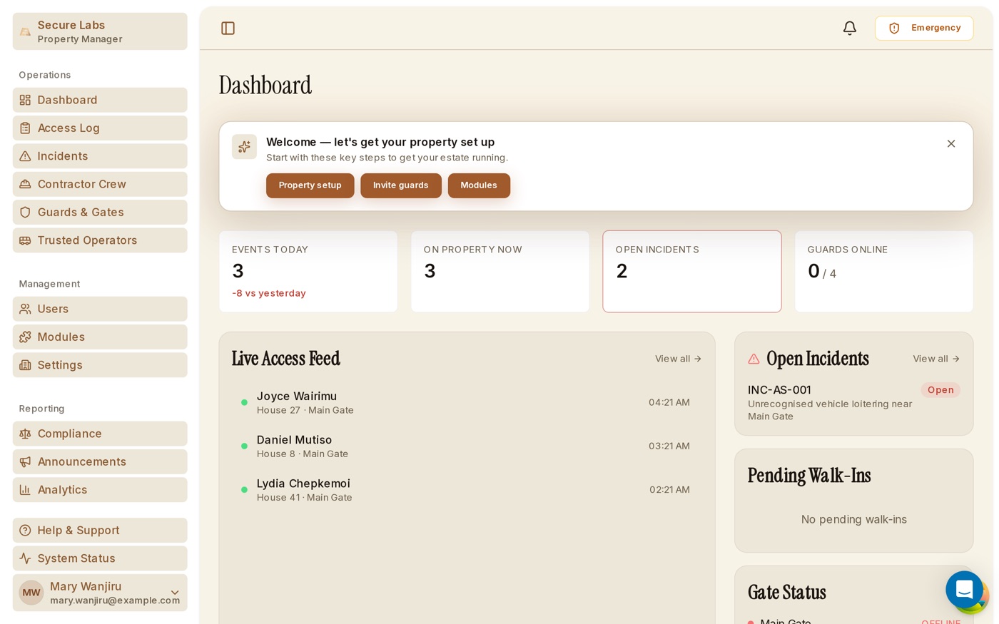 Property manager dashboard showing live gate activity, occupancy and alerts